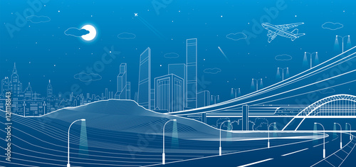 Car overpass, city infrastructure, urban plot, plane takes off, train move, transport illustration, mountains, white lines on blue background, vector design art