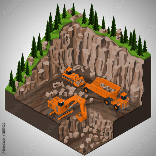Vector isometric illustration of a mining quarry, heavy-duty dumper and a two types of mining tracked excavators. Equipment for high-mining industry.