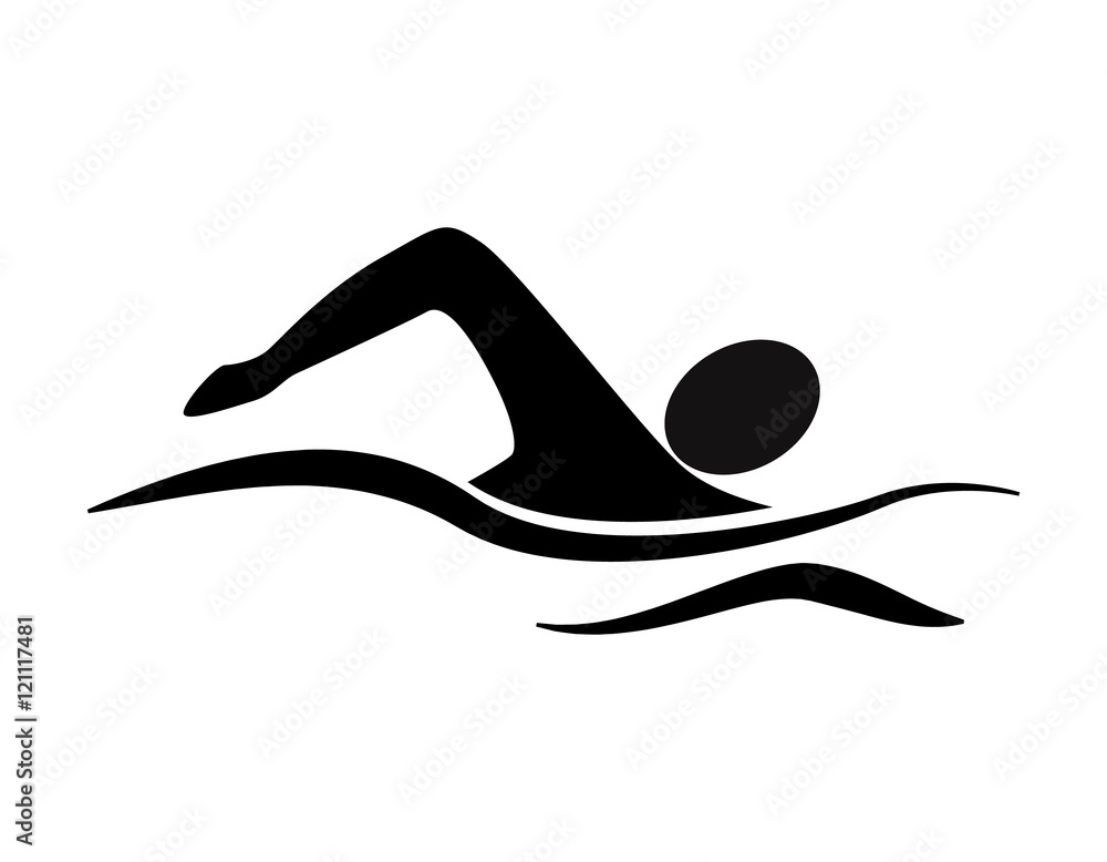 Isolated swim icon. Black silhouette of man swimming in the waves