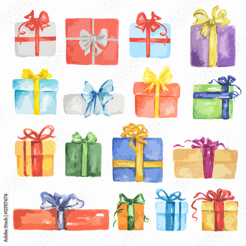 Watercolor presents set. Colorful boxes with bows and ribbons for holidays as Christmas, New Year and Birthday.