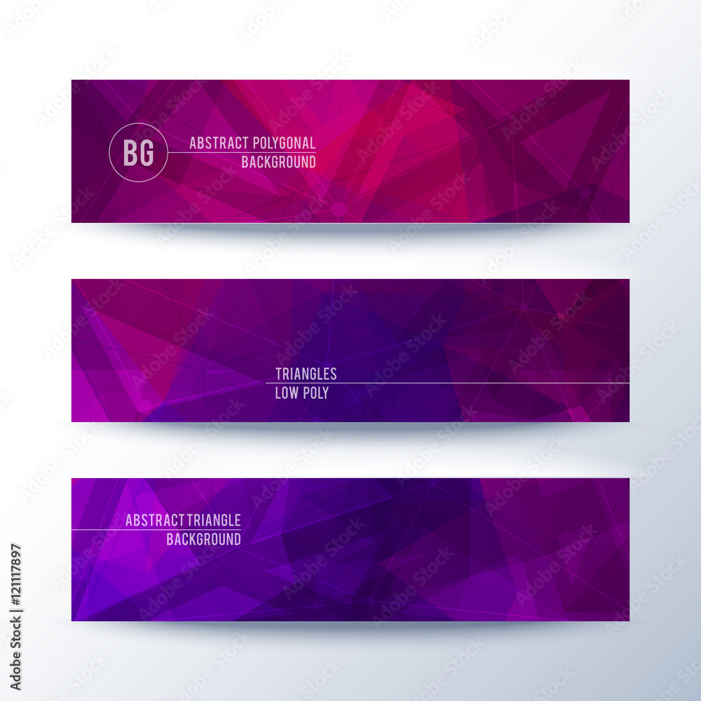 Set of horisontal abstract low poly geometric banners with triangles in violet and red Set of horisontal abstract low poly geometric banners with triangles in violet and red