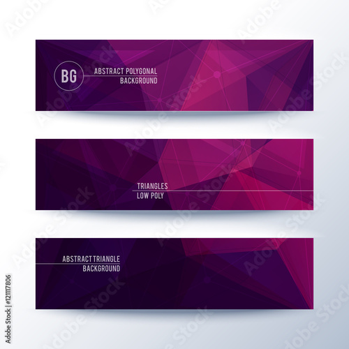 Set of horisontal abstract low poly geometric banners with triangles in violet and purple