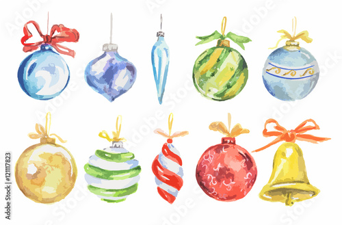 Watercolor christmas toys set. Bright and colorful toys for christmas tree. Wonderful retro toys.