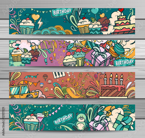 Happy birthday abstract vector illustration. Party and celebration design cards. Illustration of balloon, gifts, fireworks, ribbon, confetti, cake, drinks