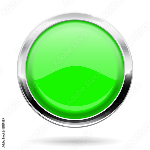 Green round button. Web icon with chrome frame