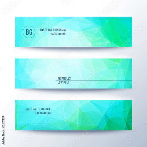 Set of horisontal abstract low poly geometric banners with triangles in blue and green