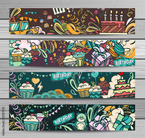 Happy birthday abstract vector illustration. Party and celebration design cards. Illustration of balloon, gifts, fireworks, ribbon, confetti, cake, drinks