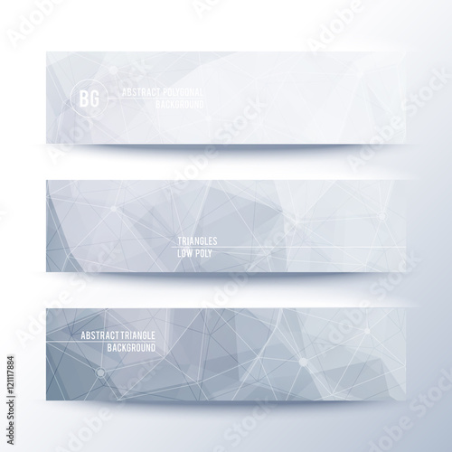 Set of horisontal abstract low poly geometric banners with triangles in light gray