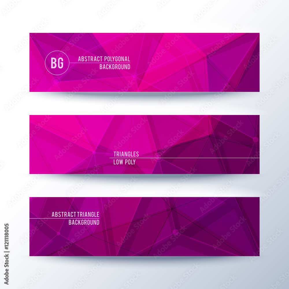 Set of horisontal abstract low poly geometric banners with triangles in magenta pink