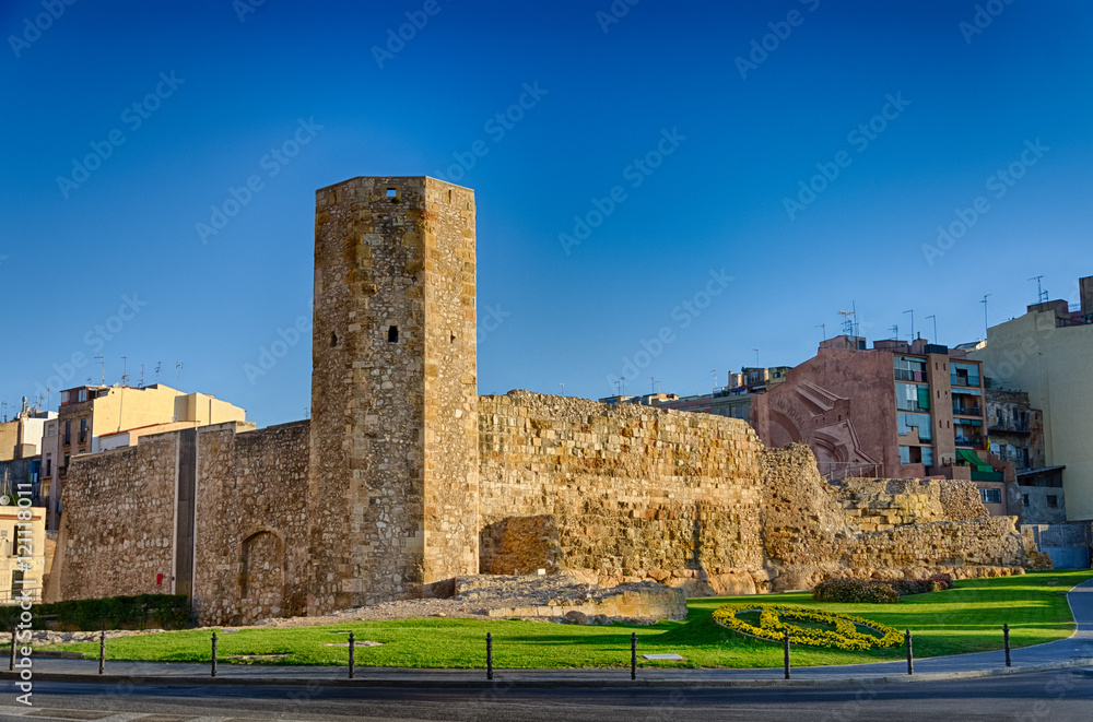 Ancient roman tower in sunrise light Tarragona, Spain