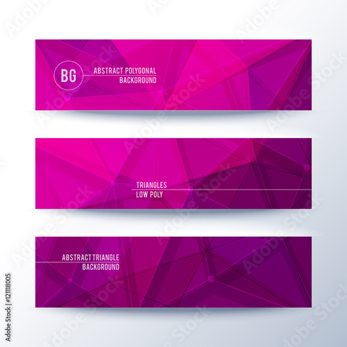 Set of horisontal abstract low poly geometric banners with triangles in magenta pink