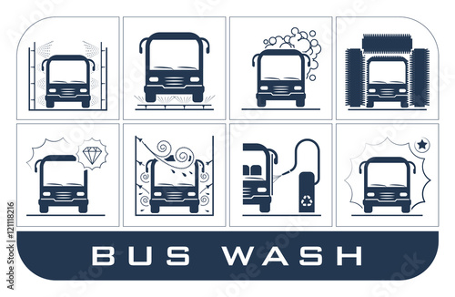 Set of bus washing icons. Collection of very useful icons presenting equipment used for bus wash.          