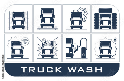 Set of truck washing icons. Collection of very useful icons presenting equipment used for truck wash.