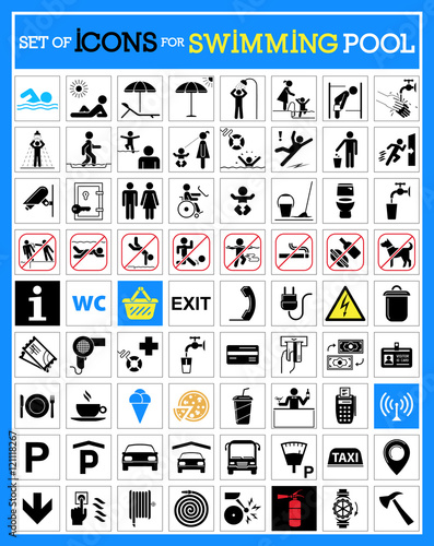 Very useful and usable set of icons for swimming pools. Collection of premium quality pictograms.