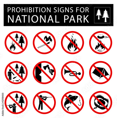 Set of prohibition signs for national park.