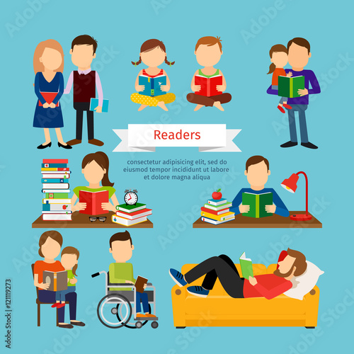 Group of men with books. People characters reading book or magazines set vector illustration in flat style