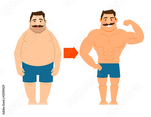 Fat and slim man with mustache. Big man and muscular man before and after weight loss vector illustration