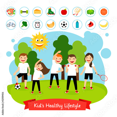Sport children summer activity. Happy smiling kids active healthy lifestyle and healthy food vector illustration