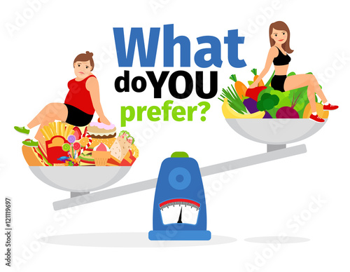 Overweight woman, unhealthy food and healthy vegan eating slim girl on scales vector illustration