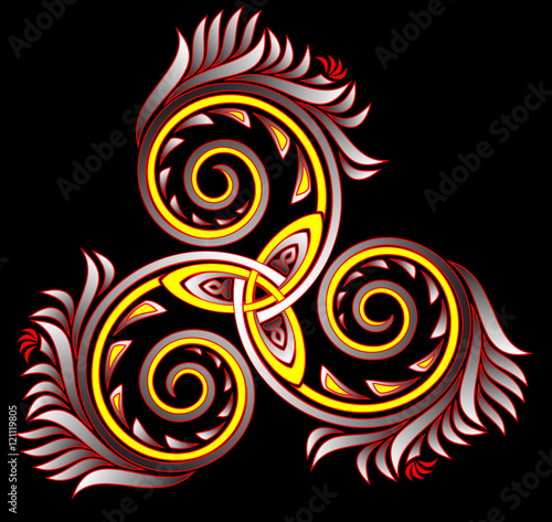 Celtic disk ornament with triple spiral symbol in flaming colors, vector image.