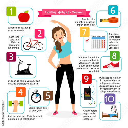 Woman healthy lifestyle infographics. Diet food, sports heart, positive living is healthy girl vector illustration