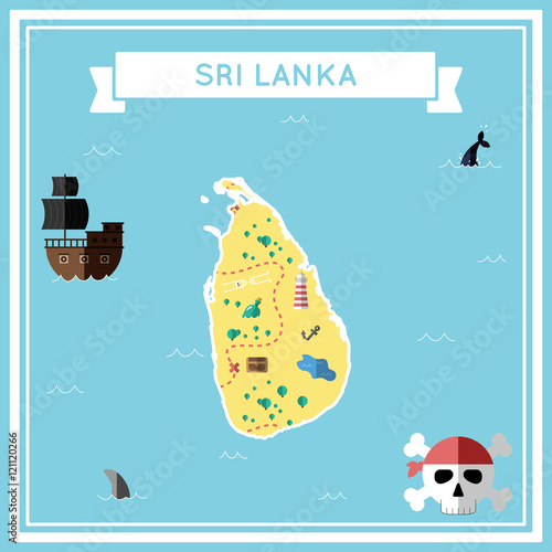 Flat treasure map of Sri Lanka. Colorful cartoon with icons of ship, jolly roger, treasure chest and banner ribbon. Flat design vector illustration.