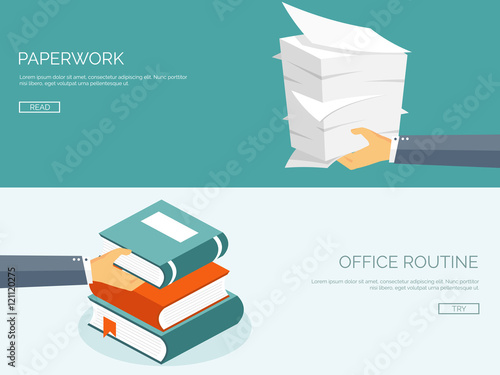 Vector illustration. Flat background with papers. paperwork and office routine, documents. Workspace.
