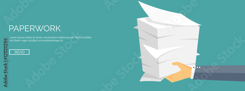 Vector illustration. Flat background with papers. paperwork and office routine, documents. Workspace. photo