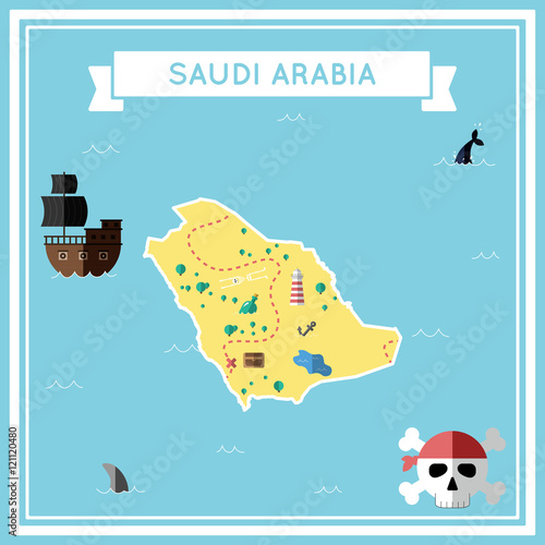 Flat treasure map of Saudi Arabia. Colorful cartoon with icons of ship, jolly roger, treasure chest and banner ribbon. Flat design vector illustration.