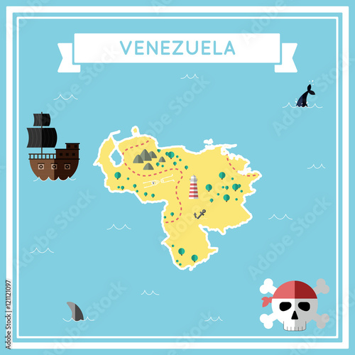 Flat treasure map of Venezuela, Bolivarian Republic of. Colorful cartoon with icons of ship, jolly roger, treasure chest and banner ribbon. Flat design vector illustration.
