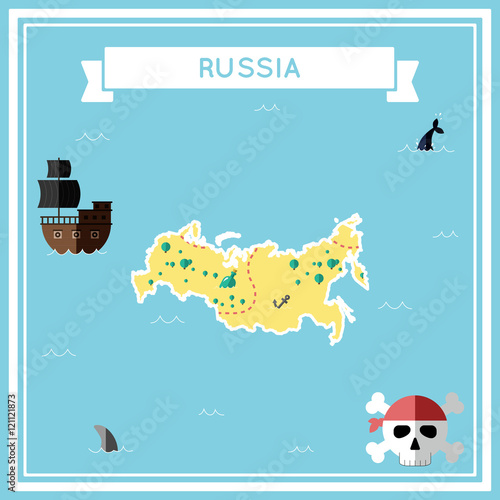Flat treasure map of Russian Federation. Colorful cartoon with icons of ship, jolly roger, treasure chest and banner ribbon. Flat design vector illustration.