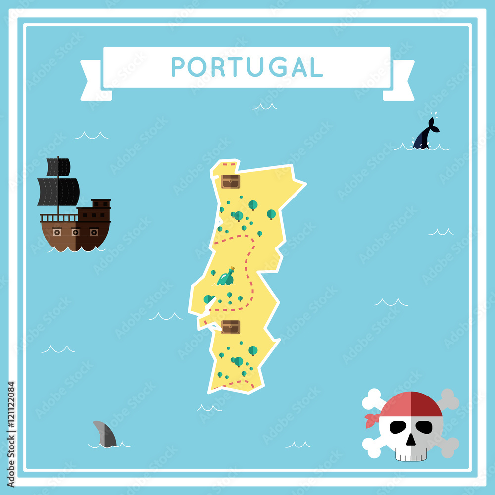 Fototapeta premium Flat treasure map of Portugal. Colorful cartoon with icons of ship, jolly roger, treasure chest and banner ribbon. Flat design vector illustration.