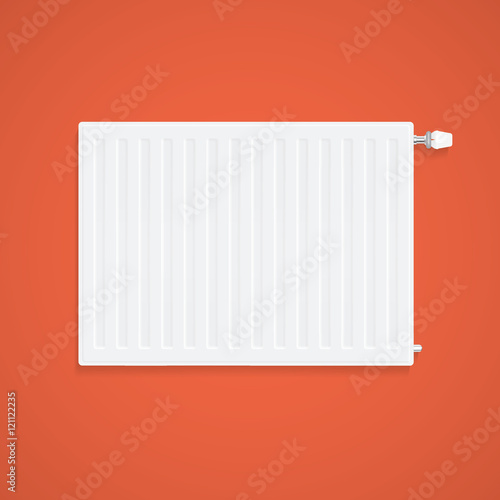 Realistic White Heating Radiator With Regulator On Orange Wall.