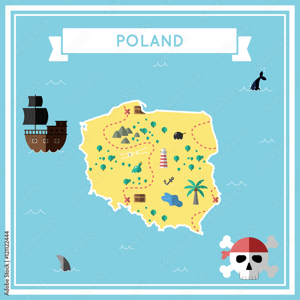 Fototapeta premium Flat treasure map of Poland. Colorful cartoon with icons of ship, jolly roger, treasure chest and banner ribbon. Flat design vector illustration.