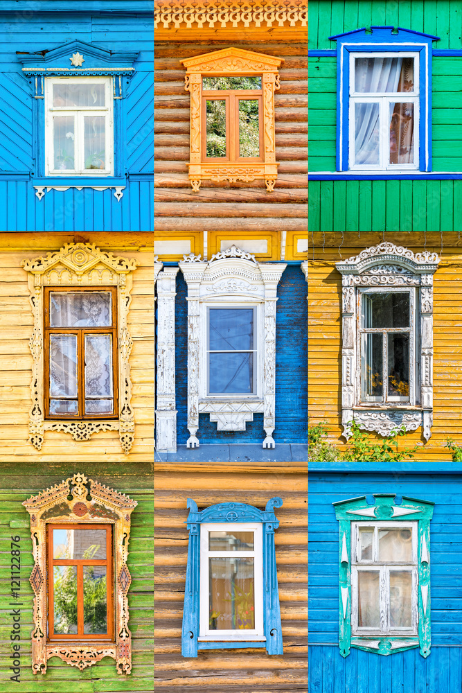 Russian wooden windows collage, Golden Ring, Moscow