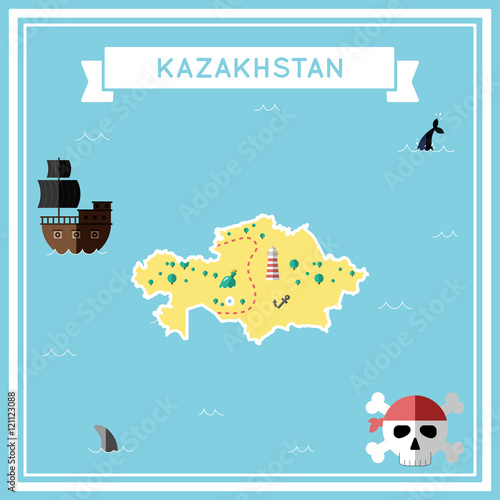 Flat treasure map of Kazakhstan. Colorful cartoon with icons of ship, jolly roger, treasure chest and banner ribbon. Flat design vector illustration.