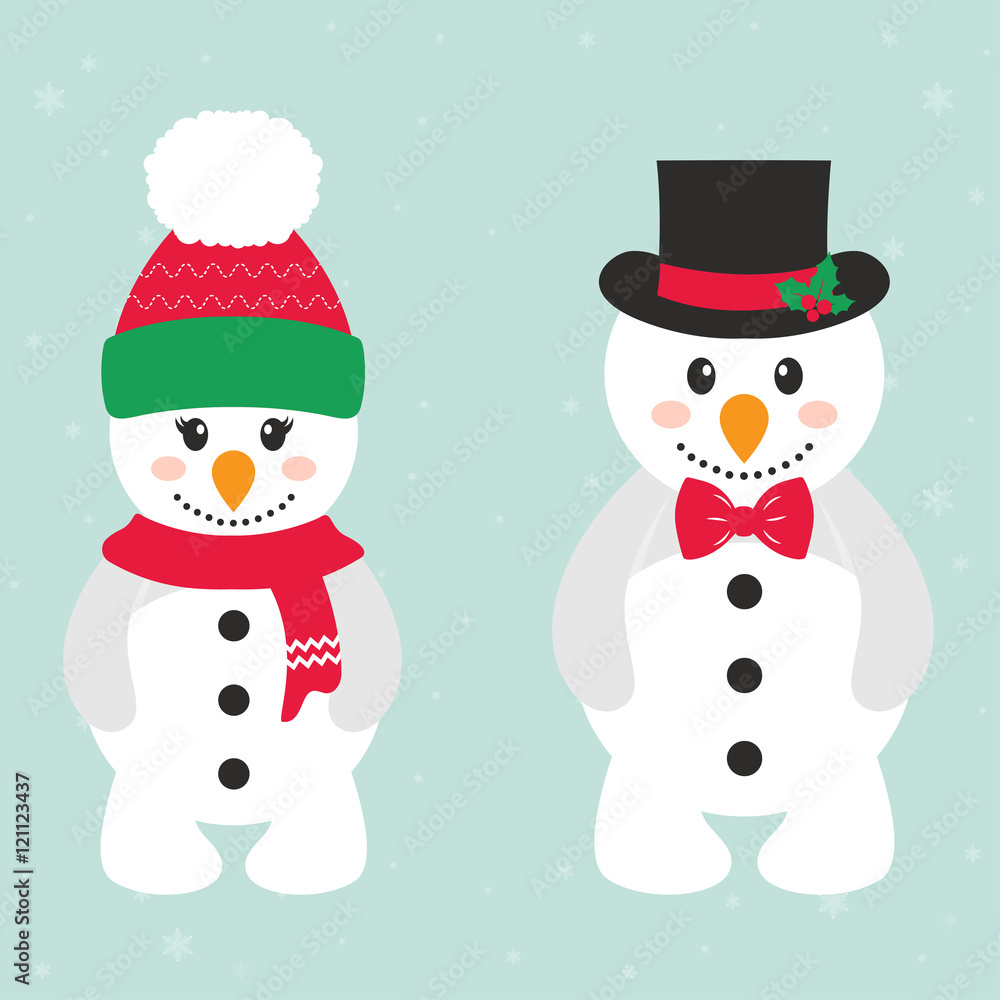 cartoon snow woman and snowman