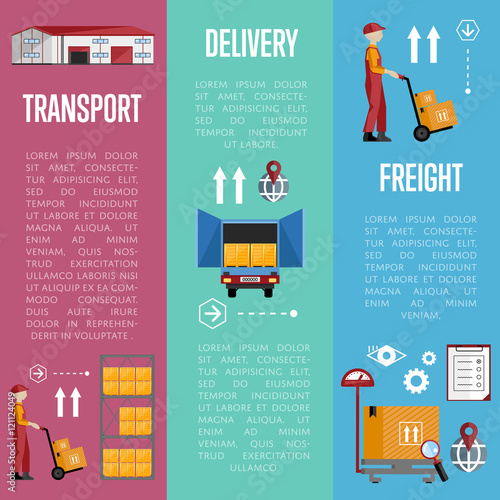 Logistics process services banners set of distribution, transportation and delivery isolated vector illustration. Warehouse management concept. Flate design style.