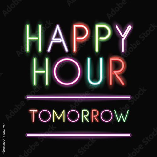 Happy hour neon font icon. Text typography decoration and advertising theme. Colorful design. Vector illustration