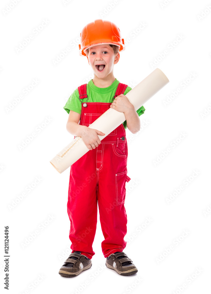 Little builder standing with paper plan in hands Little builder standing with paper plan in hands