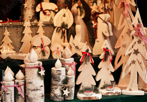 Traditional Christmas wooden decorations at Christmas market in Innsbruck
