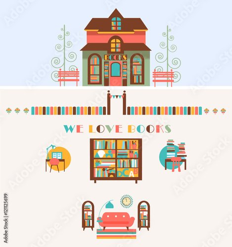 Bookstore set  with Exterior, Interior Elements 