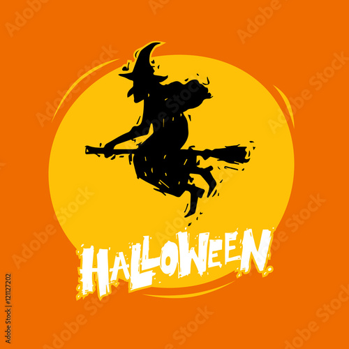 Happy halloween poster, banner, fly-er. Witch flying on a broomstick. Lettering, calligraphy, lino-cut. Halloween party. Flat design vector illustration.