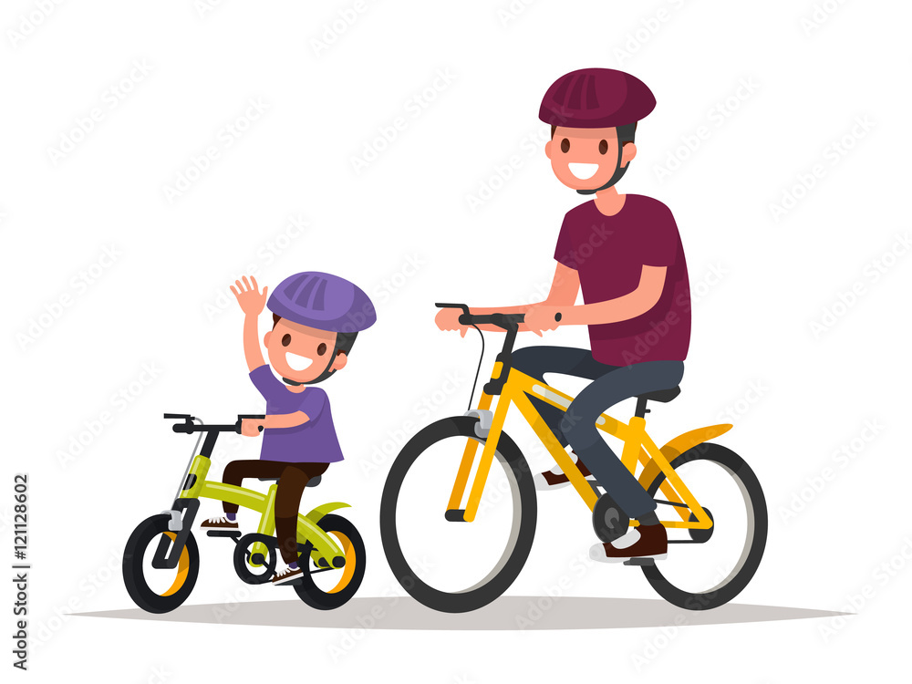 Fototapeta premium Active holidays. Father and son are riding bikes. Vector illustr