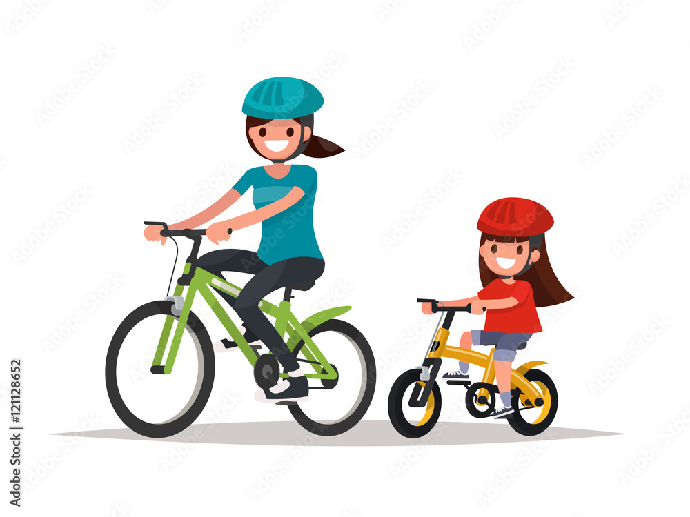 Fototapeta premium Cycling. Mother and daughter are riding bikes. Vector illustrati