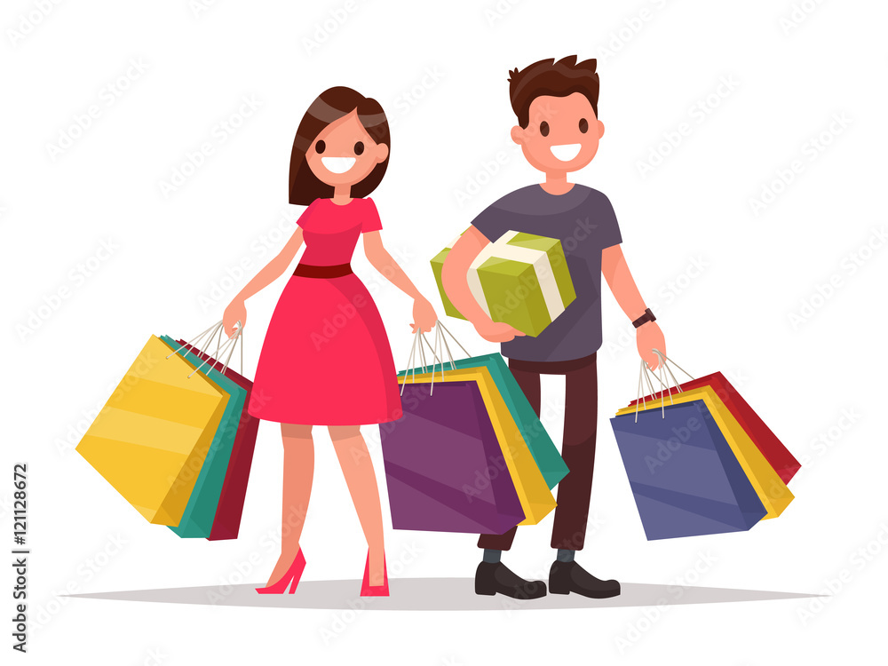 Happy family couple with shopping. Man and woman with bags. Big
