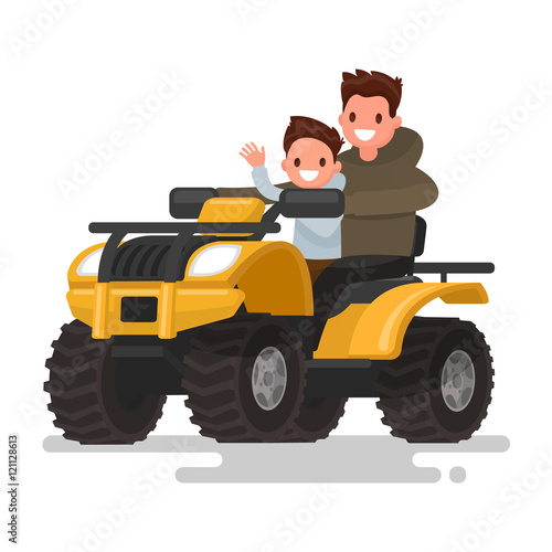 Active holidays. Quad biking. Man and boy are riding a quad bike