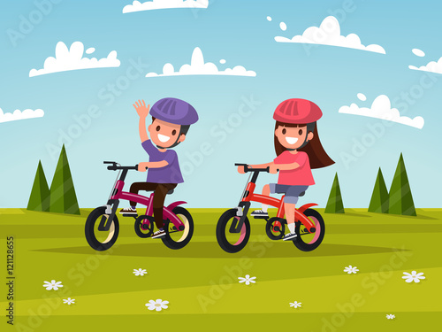 Cycling. Boy and girl go for a drive on bicycles on meadow. Vect