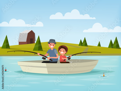 Fishing on the lake. Father and son go fishing while sitting in