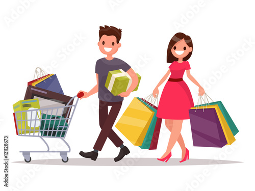 Happy family couple with shopping. Man with a grocery basket and